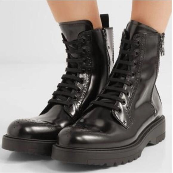 Prada Brogue Combat Boots Shiny Black Leather Lace-up & Double Zipper  EU 38 - Picture 1 of 16